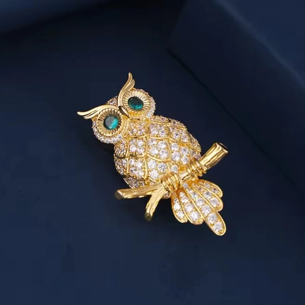 Golden Owl Crystal Emerald Eyes Brooch